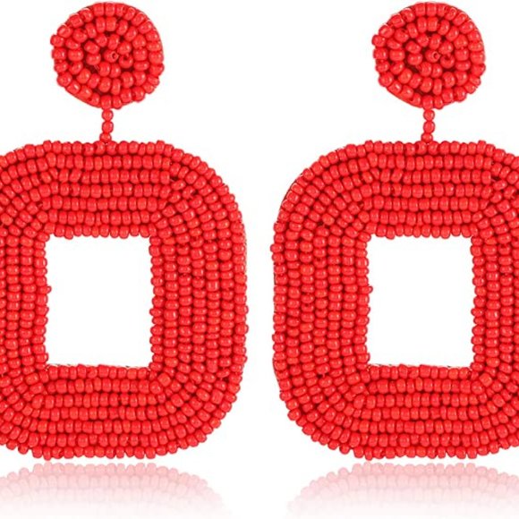 Oversized 3" Bright Red Handmade Beaded Dangle Earrings Post New Handcrafted - Picture 6 of 7